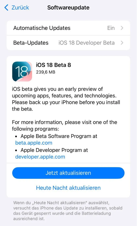 合阳苹果手机维修分享苹果 iOS / iPadOS 18 开发者预览版 Beta 8 发布 